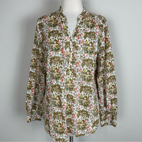 Talbot's White Brown Green Cottage Core Print Top Medium - Picture 2 of 9